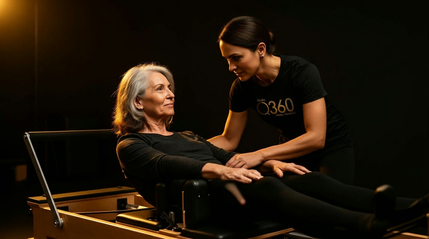 Professora do Studio Q360 acompanhando aluna em aparelho de Pilates